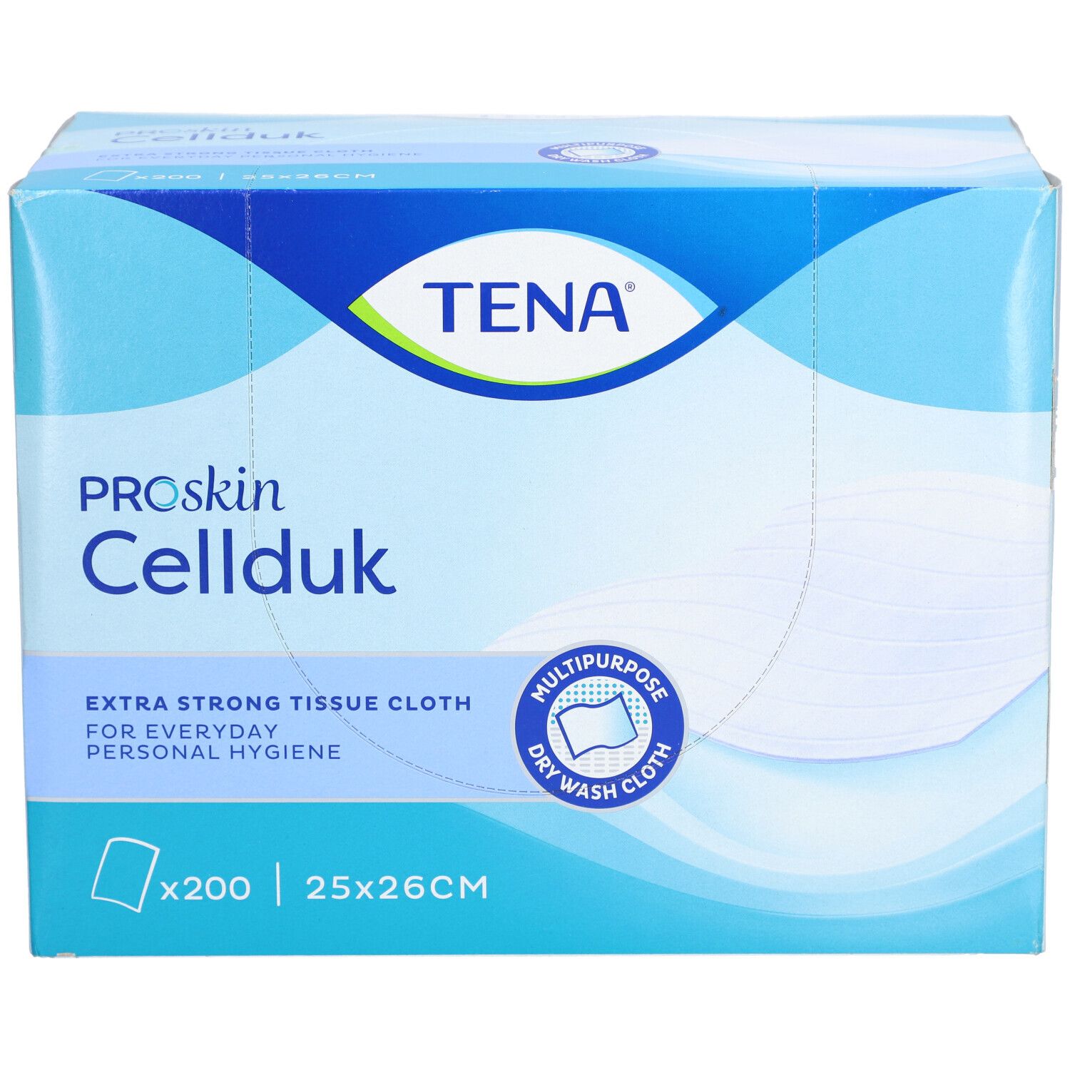 Face avant d'une boîte TENA ProSkin Cellduk. Inscriptions : 200 lingettes, 25x26cm, tissu extra-fort pour l'hygiène quotidienne.