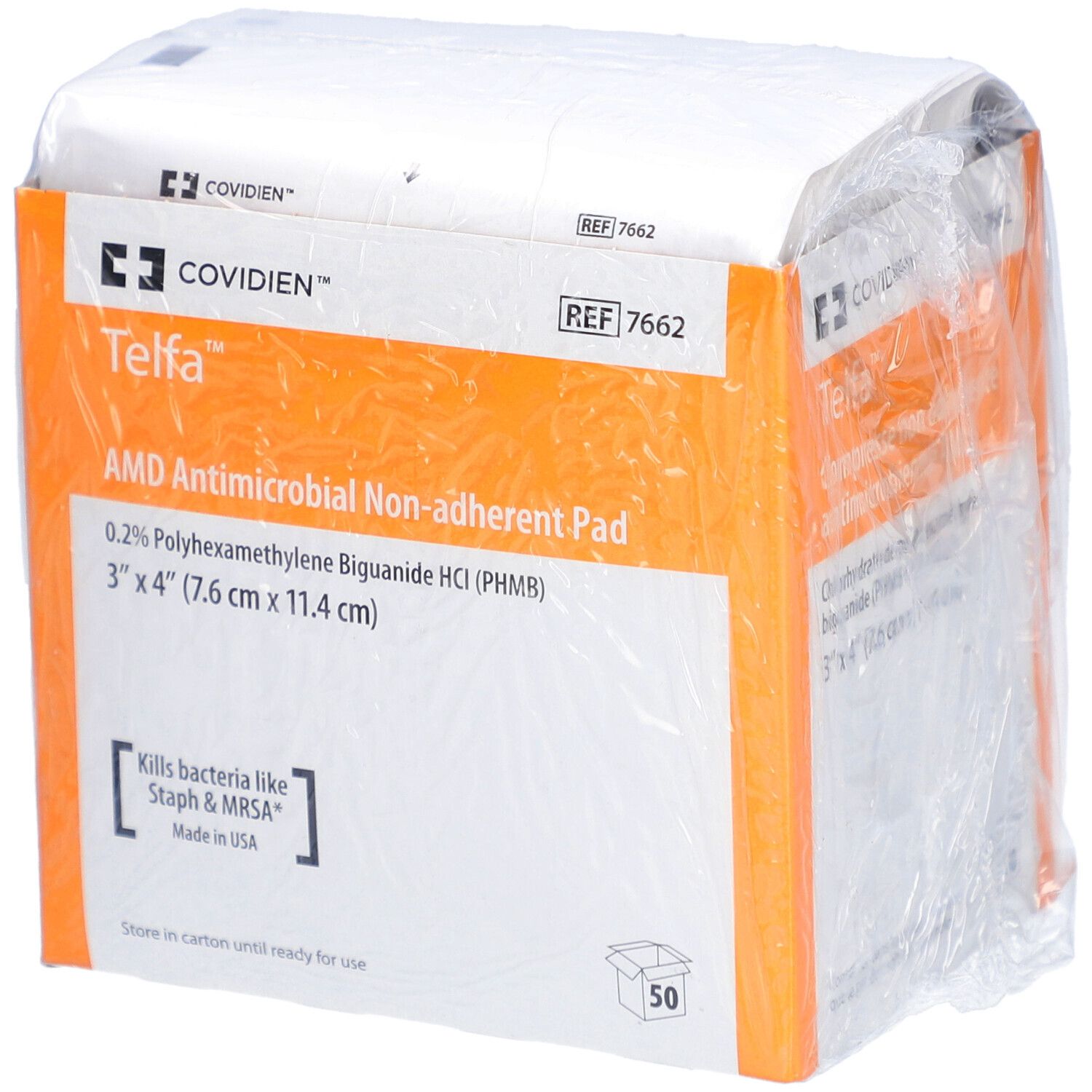 Emballage de Telfa AMD. Compresses antimicrobiennes non adhérentes. Dimensions : 7,6 cm x 11,4 cm. Contient 50 unités.