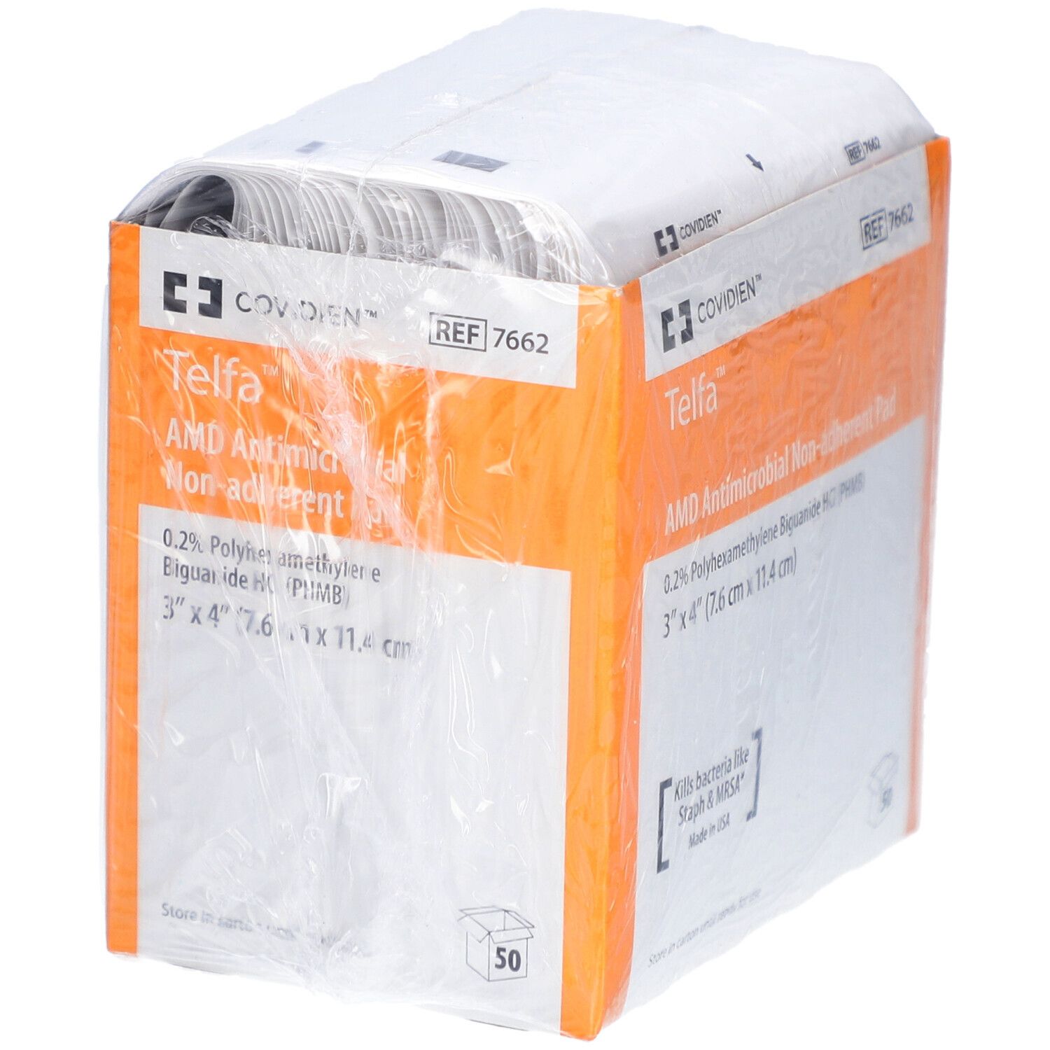 Emballage de Telfa AMD. Compresses antimicrobiennes non adhérentes. Dimensions : 7,6 cm x 11,4 cm. Contient 50 unités.