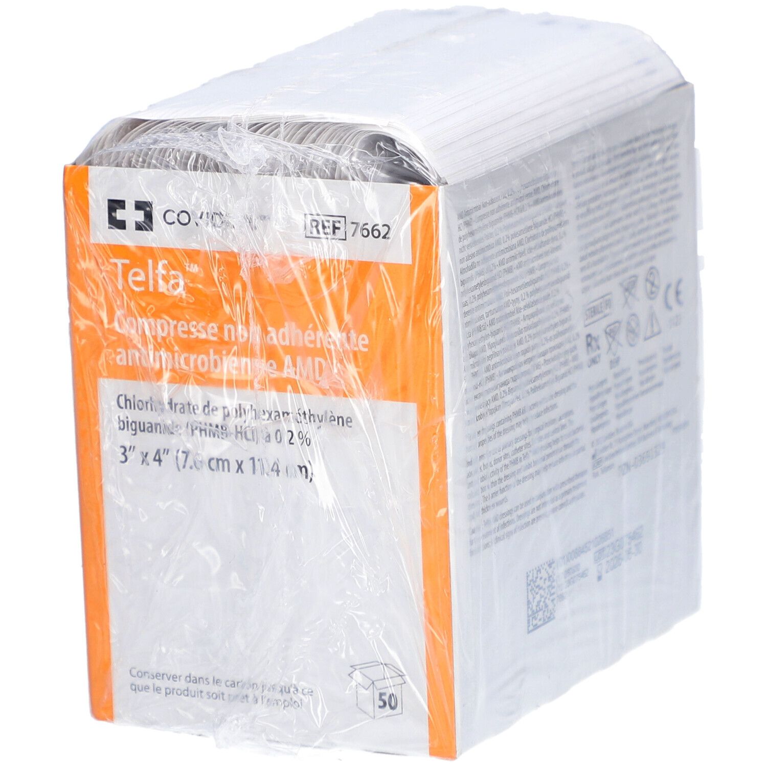 Emballage de Telfa AMD. Compresses antimicrobiennes non adhérentes. Dimensions : 7,6 cm x 11,4 cm. Contient 50 unités.