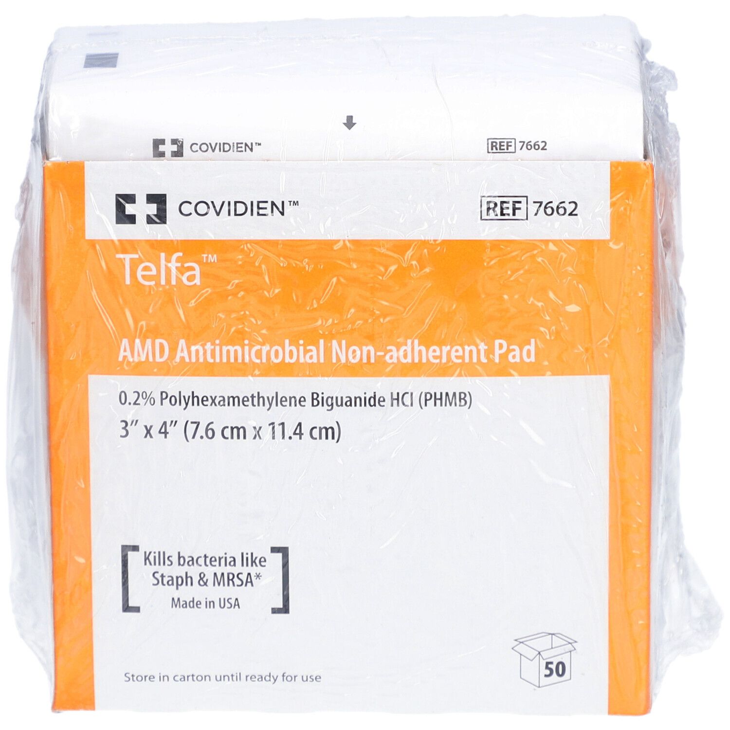 Emballage de Telfa AMD. Compresses antimicrobiennes non adhérentes. Dimensions : 7,6 cm x 11,4 cm. Contient 50 unités.
