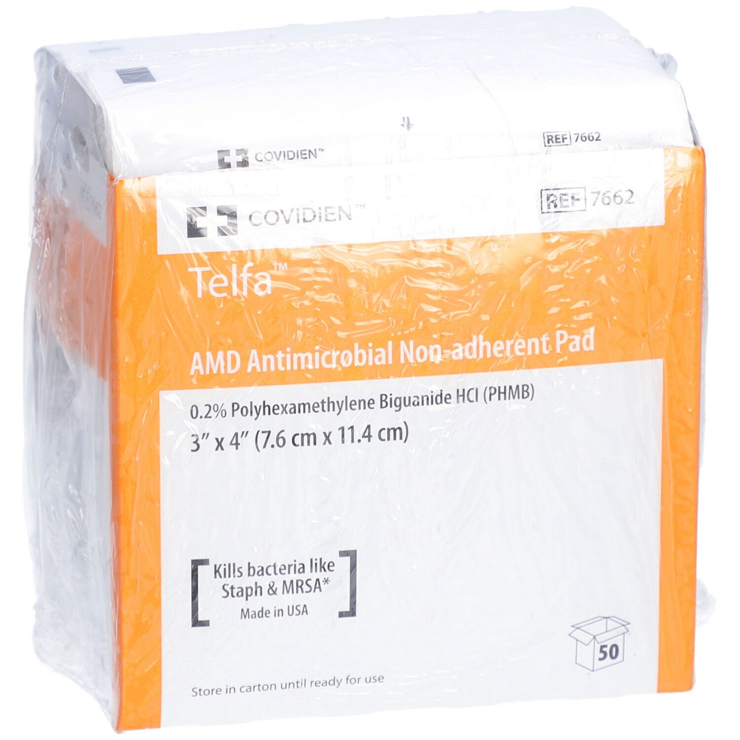 Emballage de Telfa AMD. Compresses antimicrobiennes non adhérentes. Dimensions : 7,6 cm x 11,4 cm. Contient 50 unités.