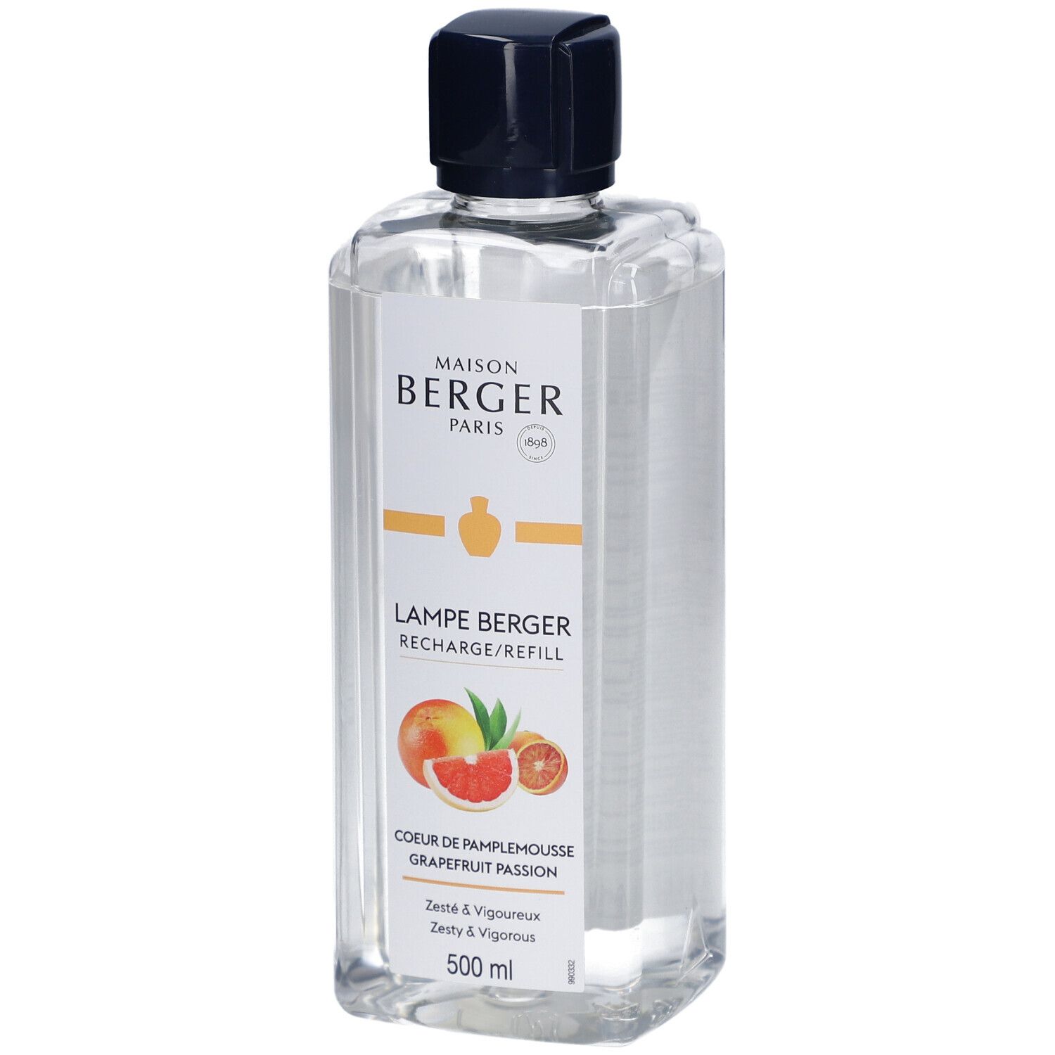 Lampe Berger Nachfüllpack. Rechteckige Flasche mit schwarzem Deckel. Etikett mit Produktname, Grapefruit-Illustration und 500 ml.