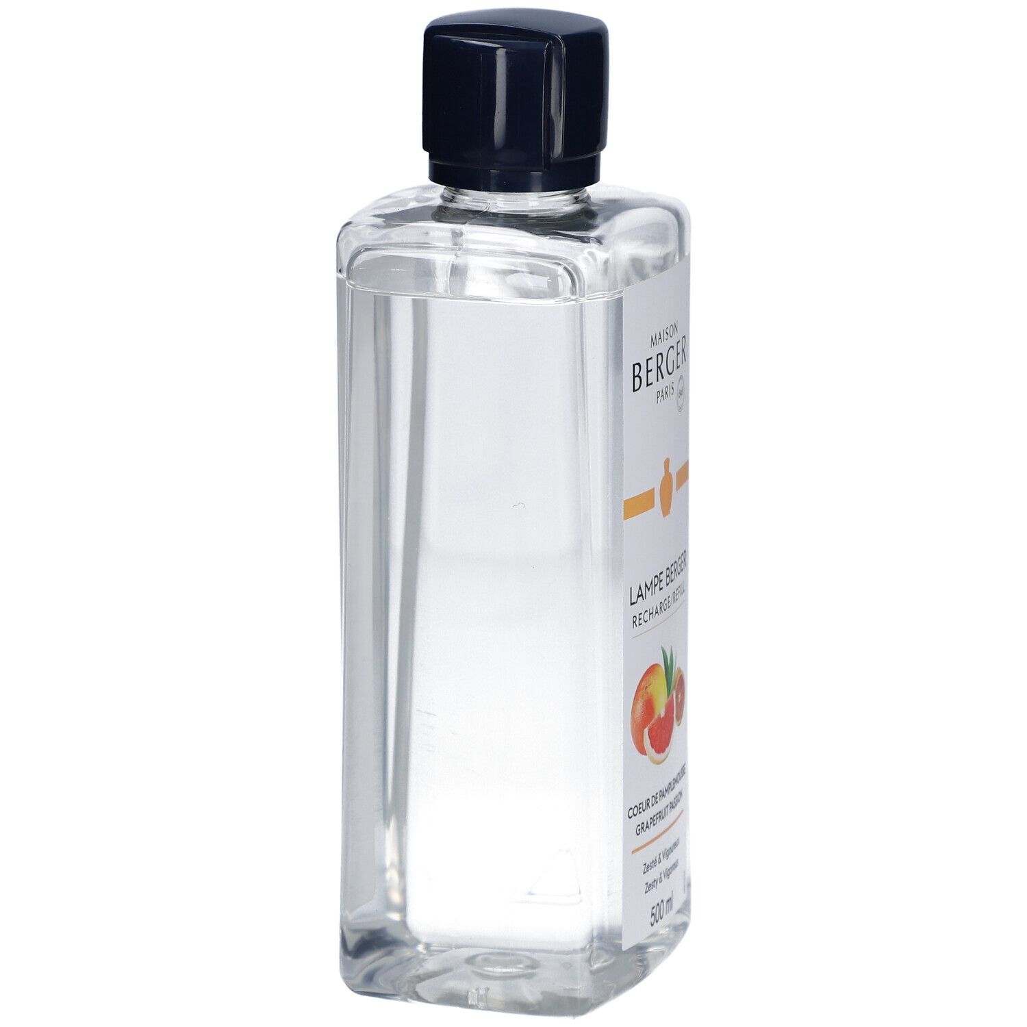Lampe Berger Nachfüllpack, Seitenansicht. Rechteckige, transparente Flasche mit schwarzem Deckel. Produktetikett sichtbar.