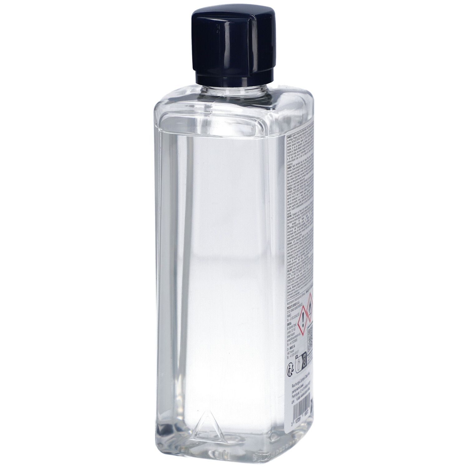 Lampe Berger Nachfüllpack, Seitenansicht. Transparente, rechteckige Flasche mit schwarzem Deckel. Rückseite mit Text.