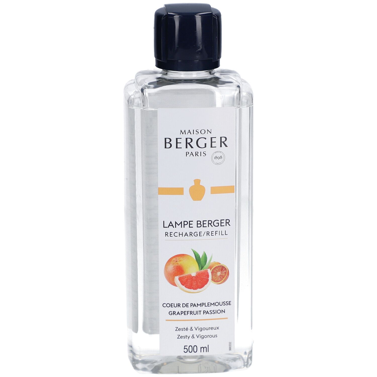 Lampe Berger Nachfüllpack. Rechteckige Flasche mit schwarzem Deckel. Etikett mit Produktname, Grapefruit-Illustration und 500 ml.