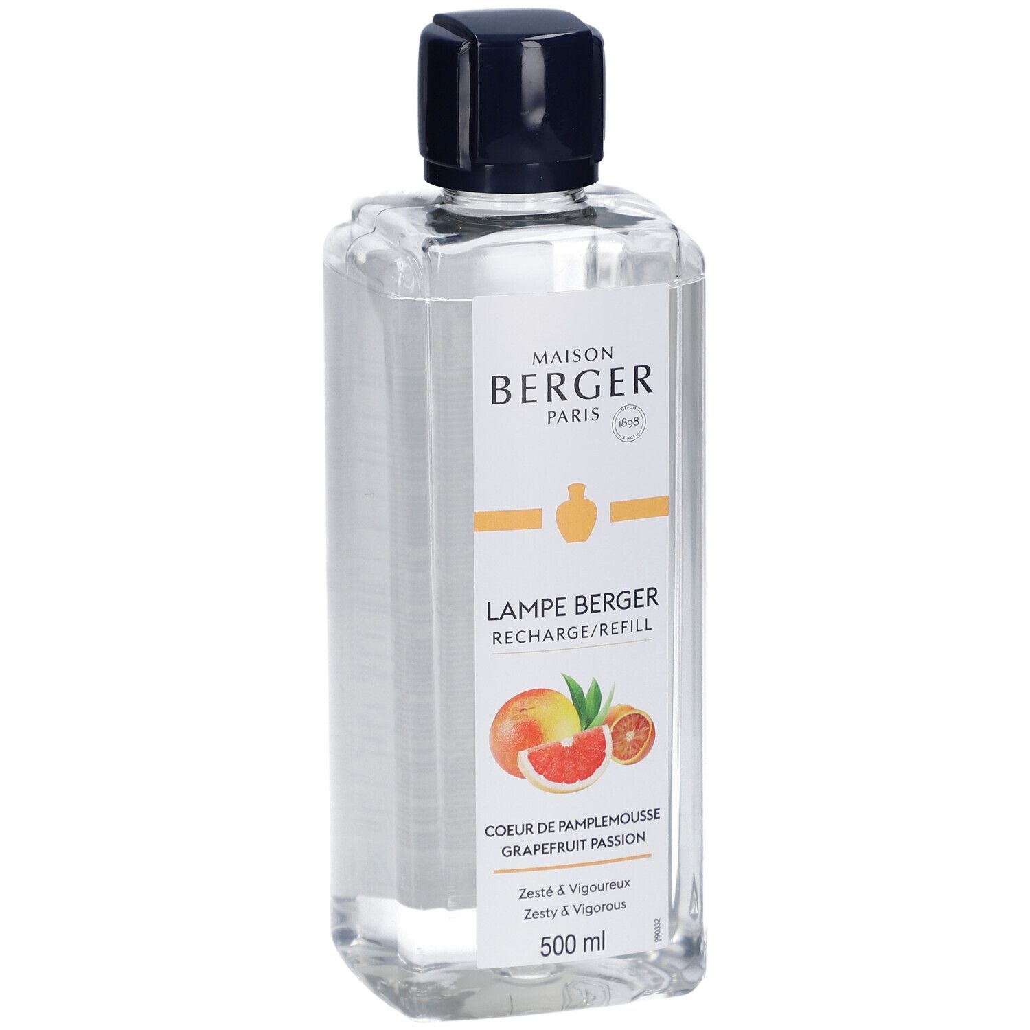 Lampe Berger Nachfüllpack. Rechteckige Flasche mit schwarzem Deckel. Etikett mit Produktname, Grapefruit-Illustration und 500 ml.