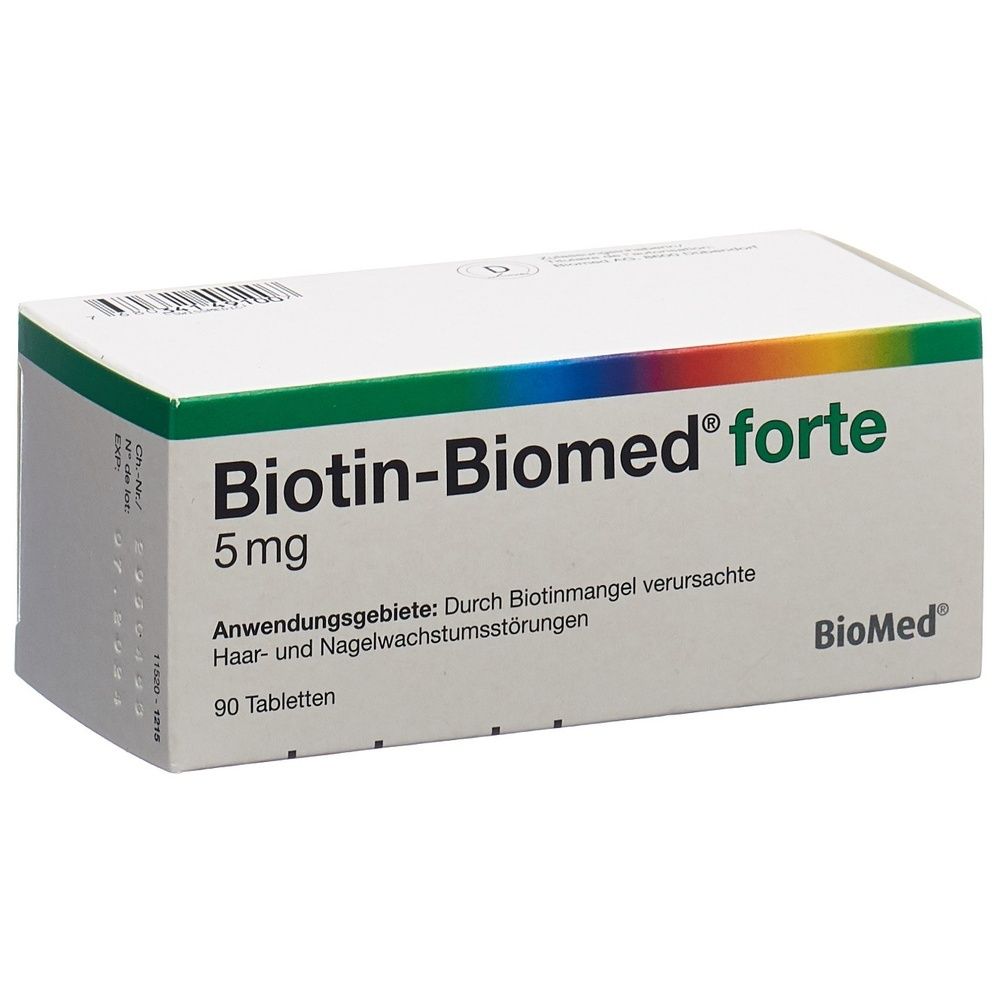 Weiße Schachtel mit "Biotin-Biomed forte" und "5mg" Aufdruck. Enthält 90 Tabletten. Marke: BioMed.