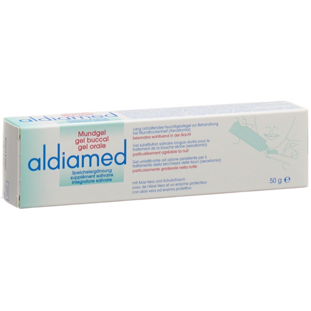 Karton mit Produktbezeichnung aldiamed Mundgel. Text in Deutsch, Französisch, Italienisch. 50g. Abbildung eines Mundes.