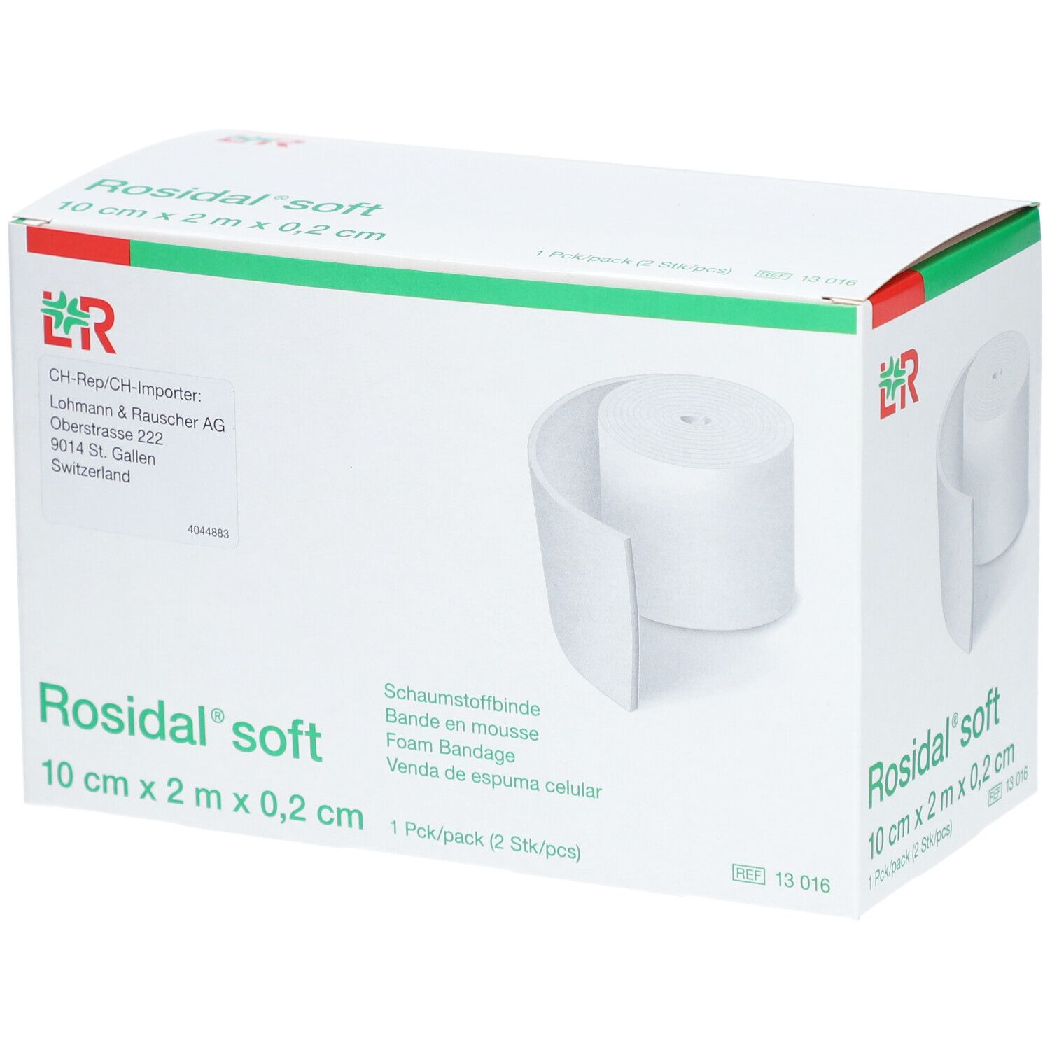 Rosidal soft, Schaumstoffbinde. Weiße Rolle in Verpackung. Maße: 10 cm x 2 m x 0,2 cm. Packung mit 2 Stück.