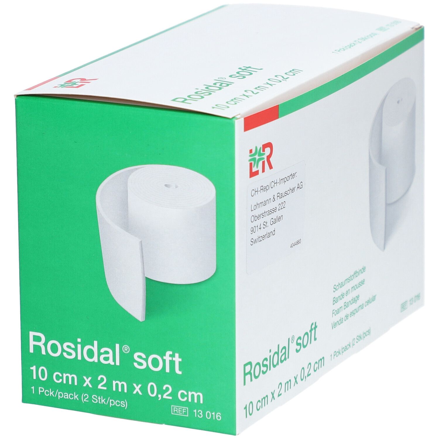 Rosidal soft, Schaumstoffbinde. Weiße Rolle in Verpackung. Maße: 10 cm x 2 m x 0,2 cm. Packung mit 2 Stück.