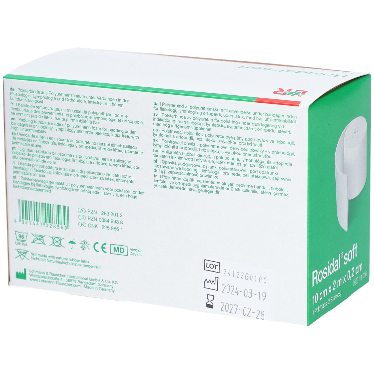 Rückseite der Verpackung von Rosidal soft. Text in mehreren Sprachen. Informationen zu Hersteller und Haltbarkeit.