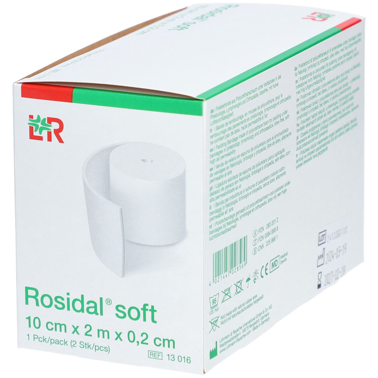 Rosidal soft, Schaumstoffbinde. Weiße Rolle in Verpackung. Maße: 10 cm x 2 m x 0,2 cm. Packung mit 2 Stück.