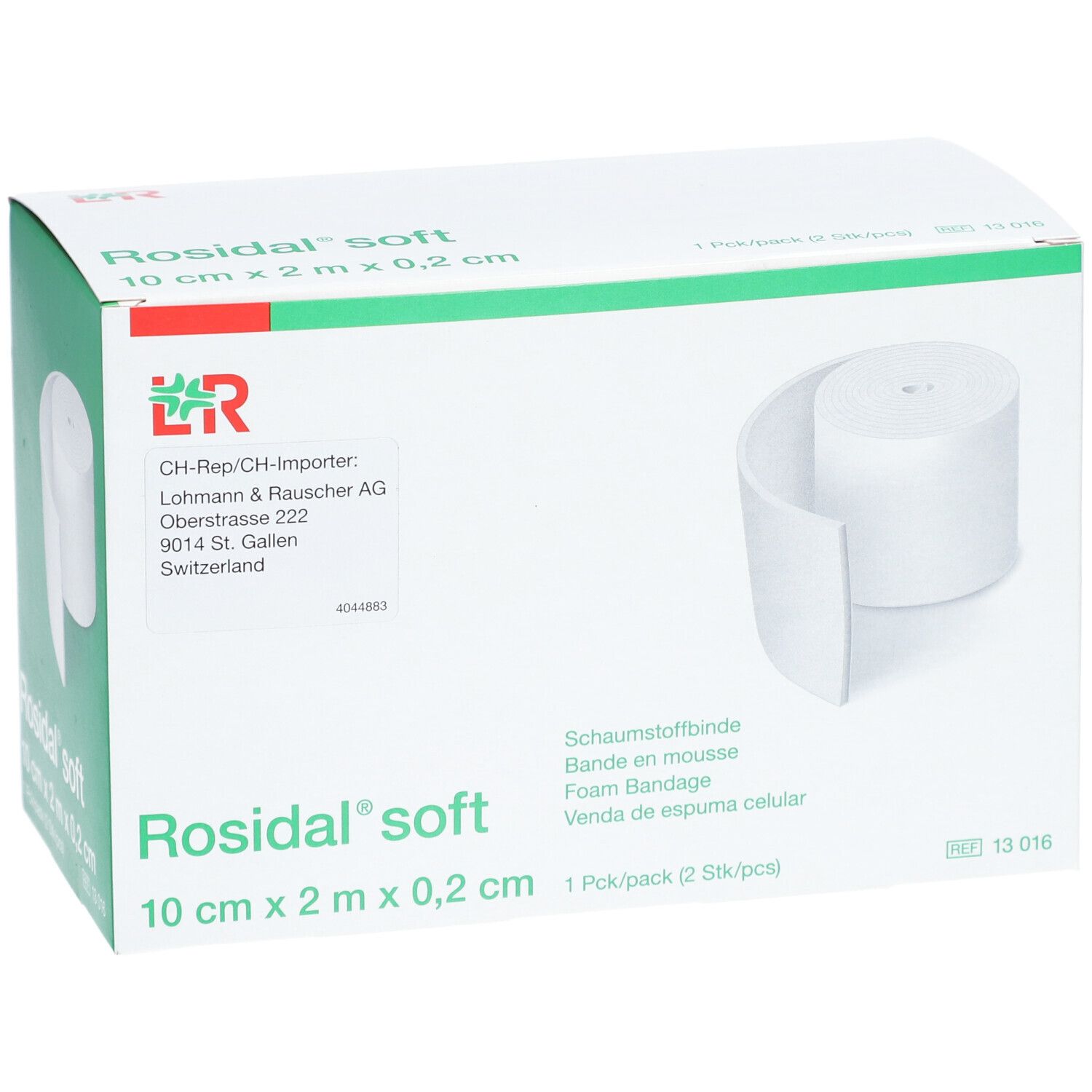 Rosidal soft, Schaumstoffbinde. Weiße Rolle in Verpackung. Maße: 10 cm x 2 m x 0,2 cm. Packung mit 2 Stück.