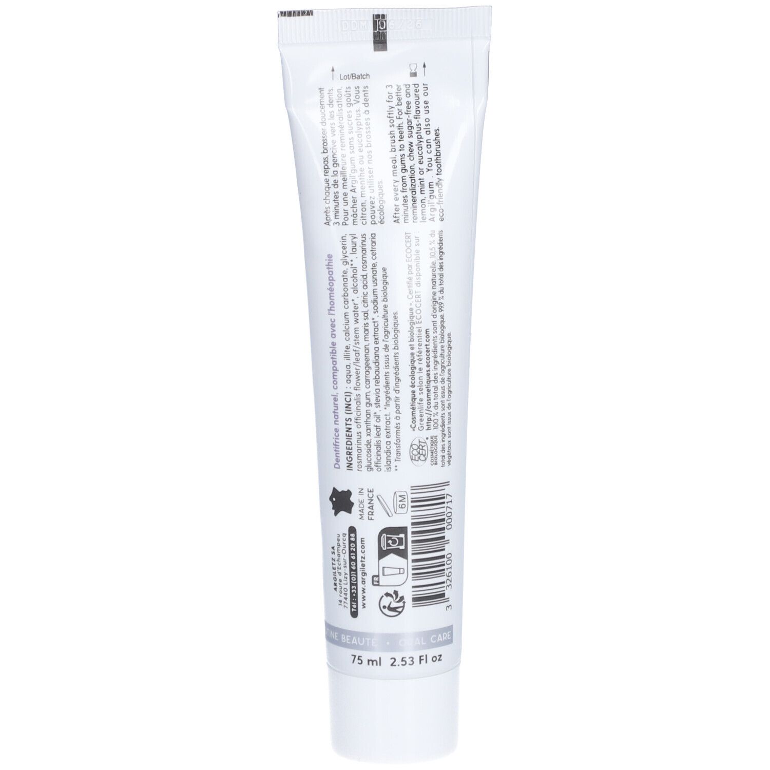 Rückseite der Zahncreme-Tube. Text in mehreren Sprachen. Inhaltsstoffe, Gebrauchsanweisung, Herstellerinformationen. 75 ml.