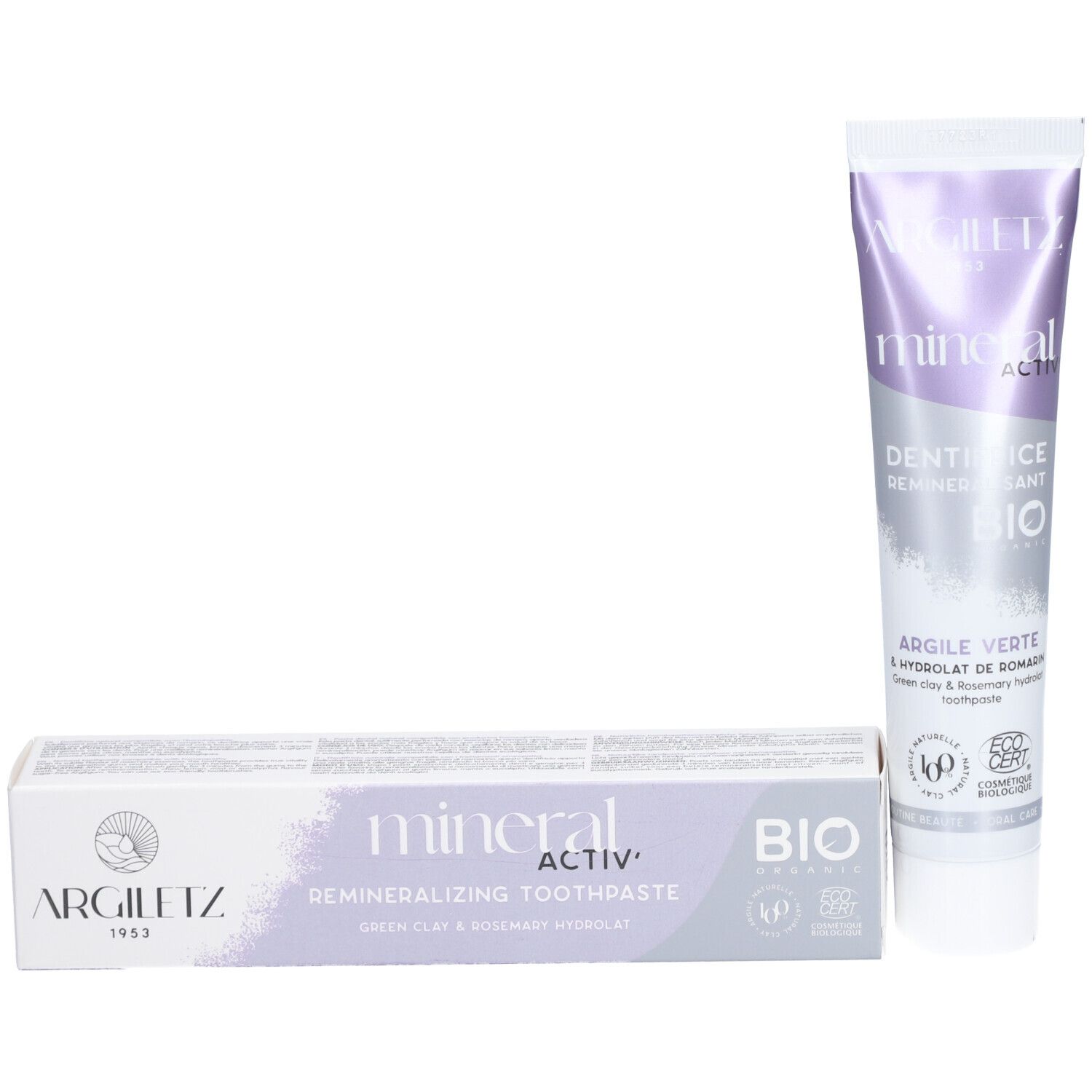 Zahncreme-Tube und Schachtel. Argiletz, mineral activ, BIO. Grüner Ton & Rosmarin-Hydrolat. Eco Cert. Weiß-lila Design.
