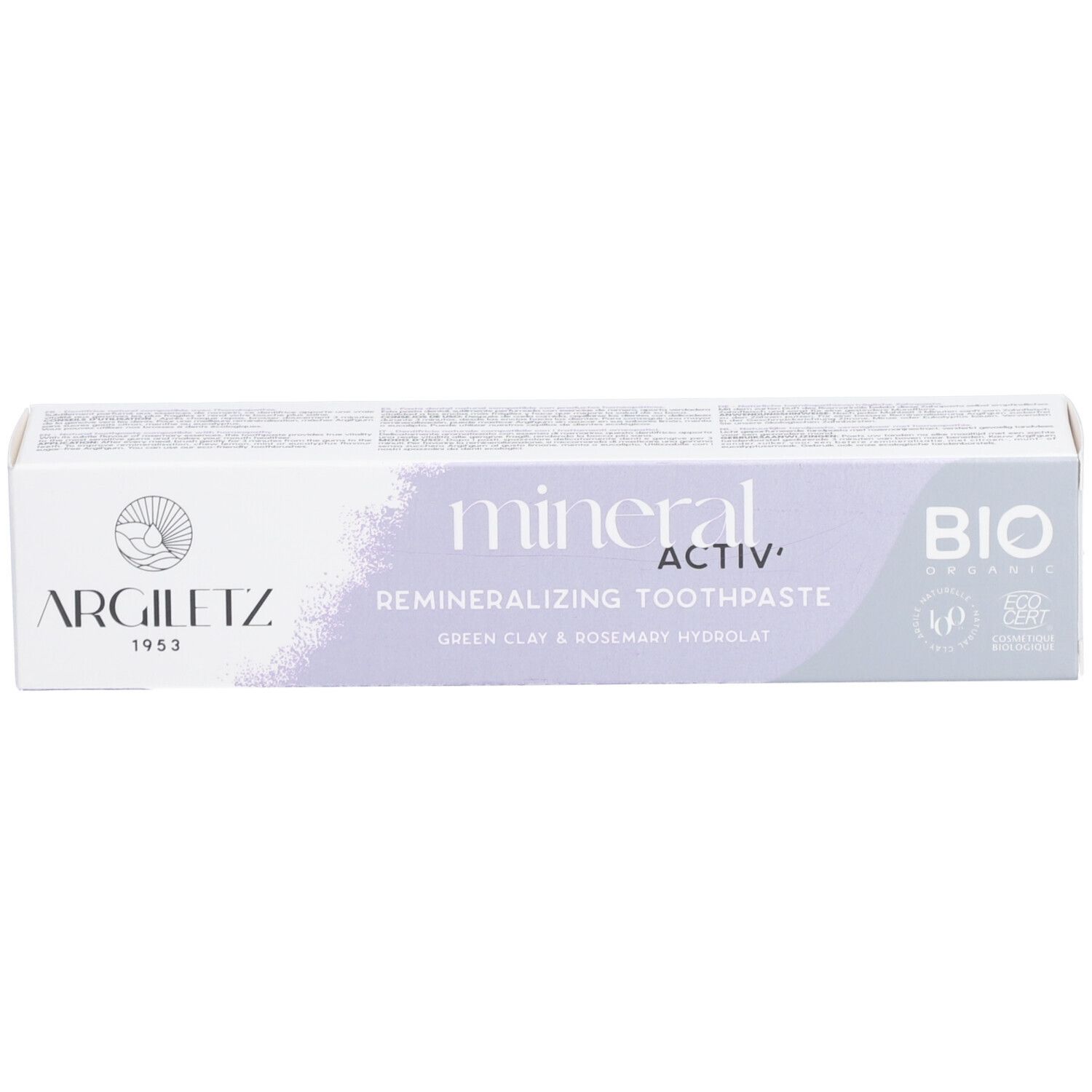 Zahncreme-Schachtel, weiß-lila. Argiletz, mineral activ, BIO. Grüner Ton & Rosmarin-Hydrolat. Eco Cert. Text.