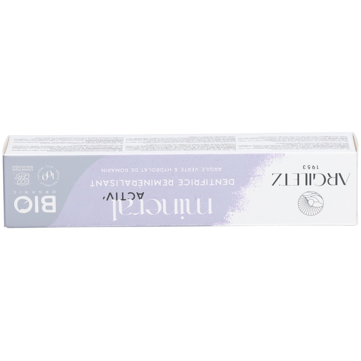 Zahncreme-Schachtel, weiß-lila. Argiletz, mineral activ, BIO. Grüner Ton & Rosmarin-Hydrolat. Text.