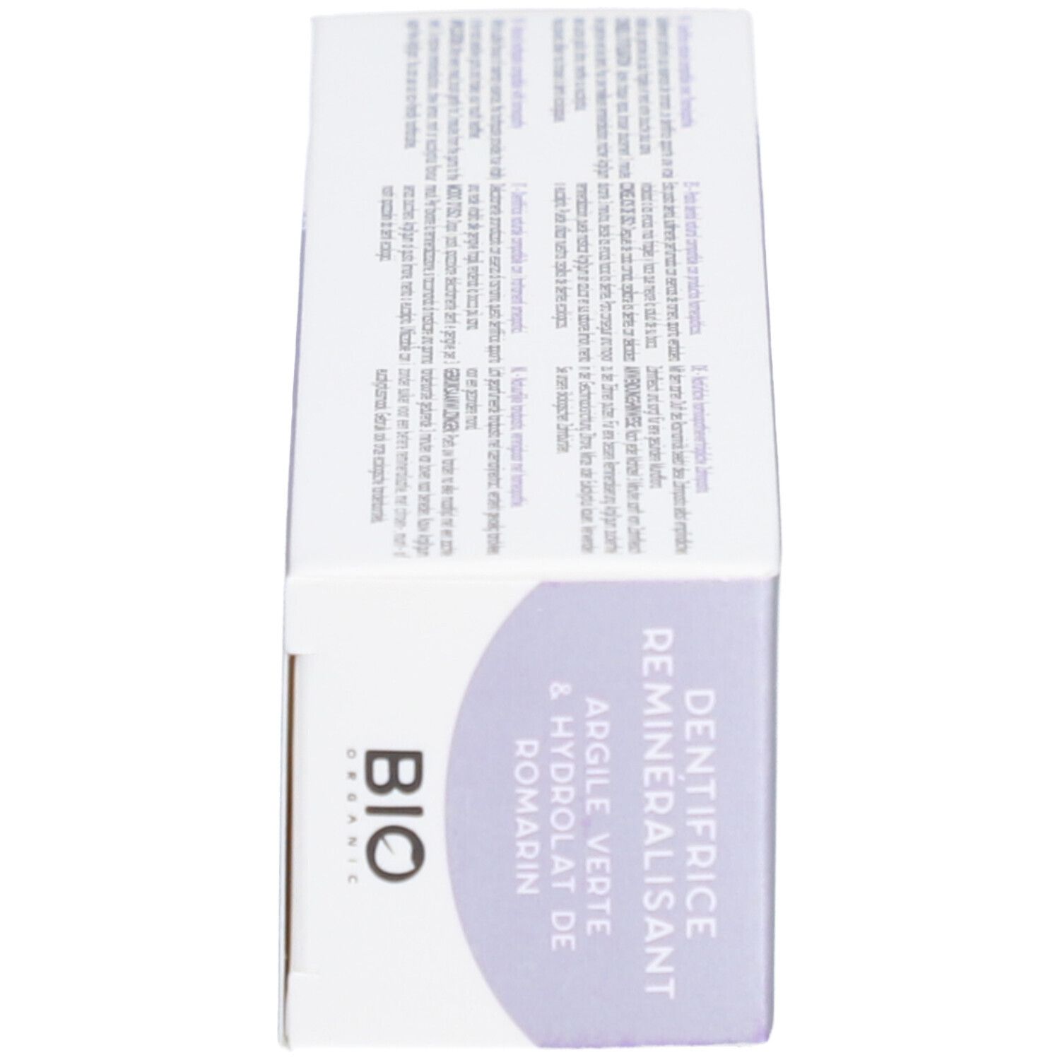 Zahncreme-Schachtel, Seitenansicht. BIO, Text. Grüner Ton & Rosmarin-Hydrolat. Weiß-lila Design.