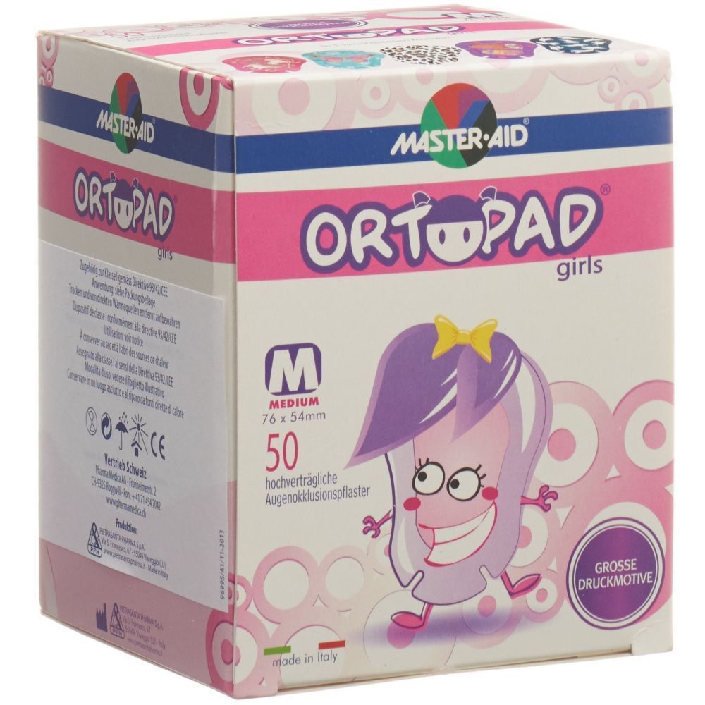 Boîte ORTOPAD® girls, 50 pansements, taille M. Emballage rose avec illustration. Contient des pansements 76x54mm.
