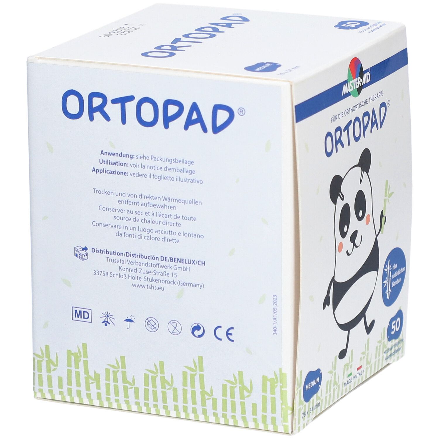 Karton mit ORTOPAD-Pflastern. Text: Anwendung, Trocken lagern. Aufdruck: Distribution, MD-Zeichen, CE-Zeichen.