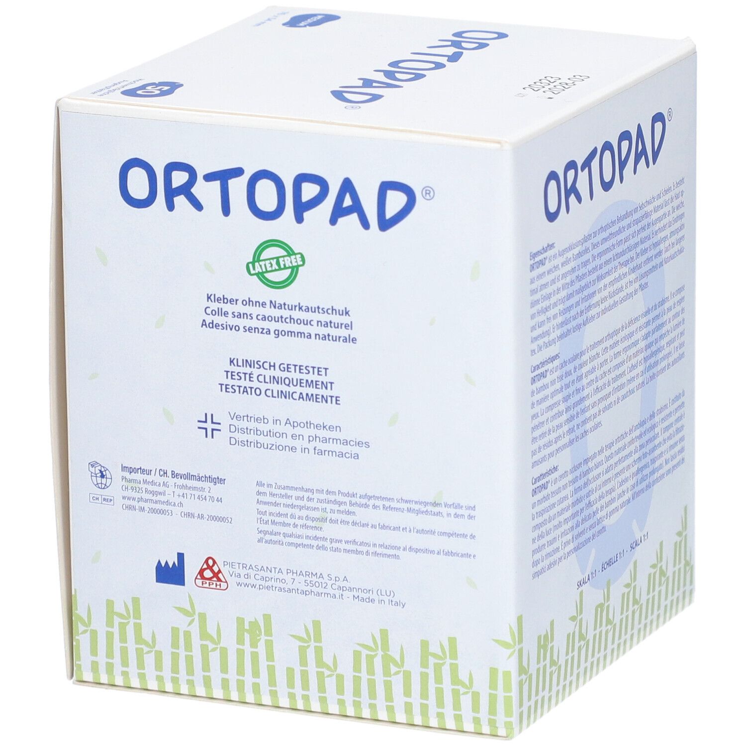 Karton mit ORTOPAD-Pflastern. Text: Kleber ohne Naturkautschuk, klinisch getestet. Aufdruck: Apotheken-Vertrieb.