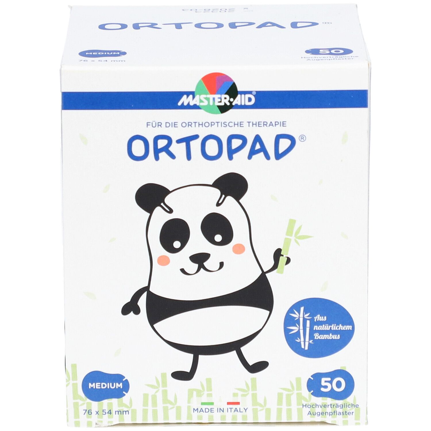 Karton mit ORTOPAD-Pflastern. Panda-Illustration, 50 Stück, 76x54 mm. Aus natürlichem Bambus. Made in Italy.