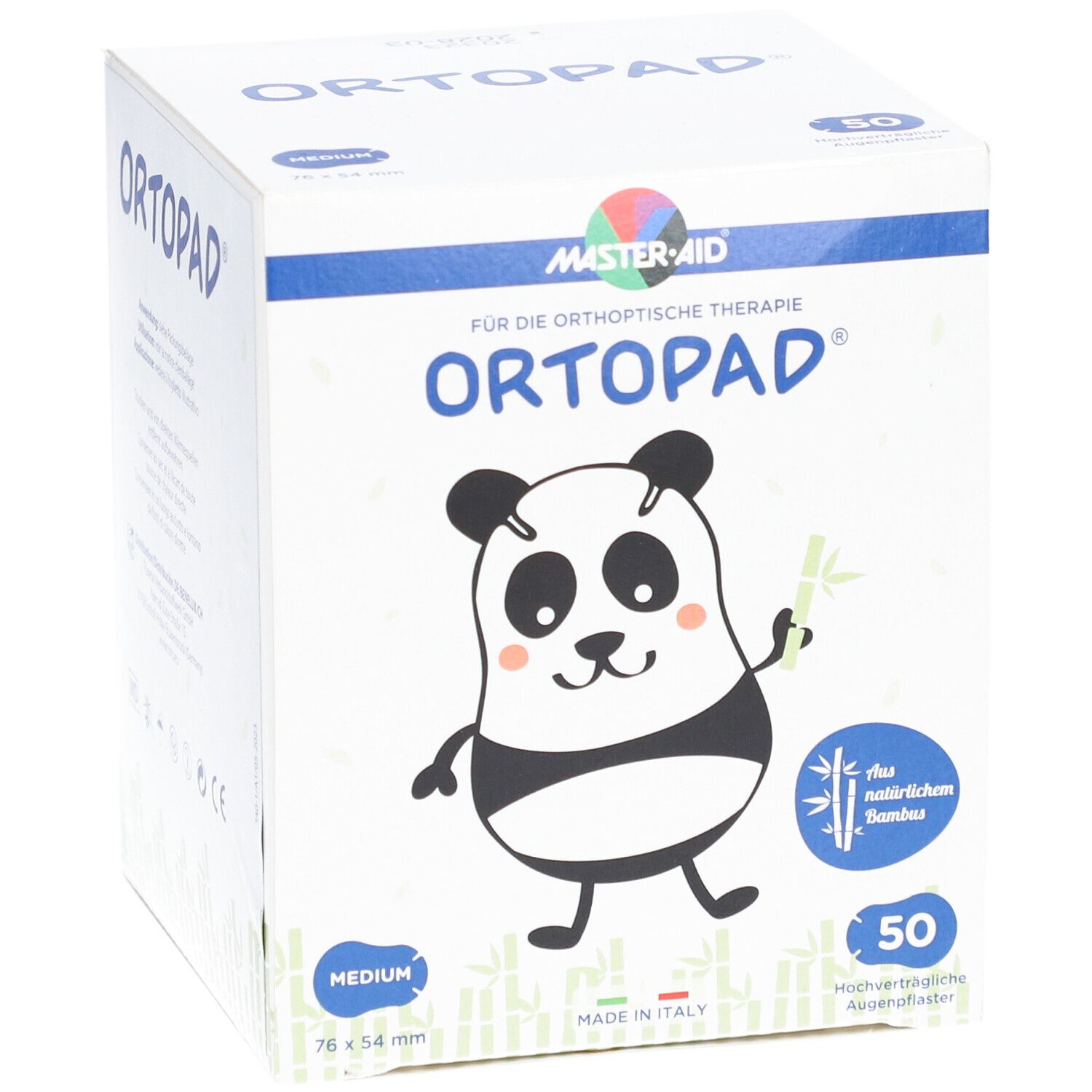Karton mit ORTOPAD-Pflastern. Panda-Illustration, 50 Stück, 76x54 mm. Aus natürlichem Bambus. Made in Italy.