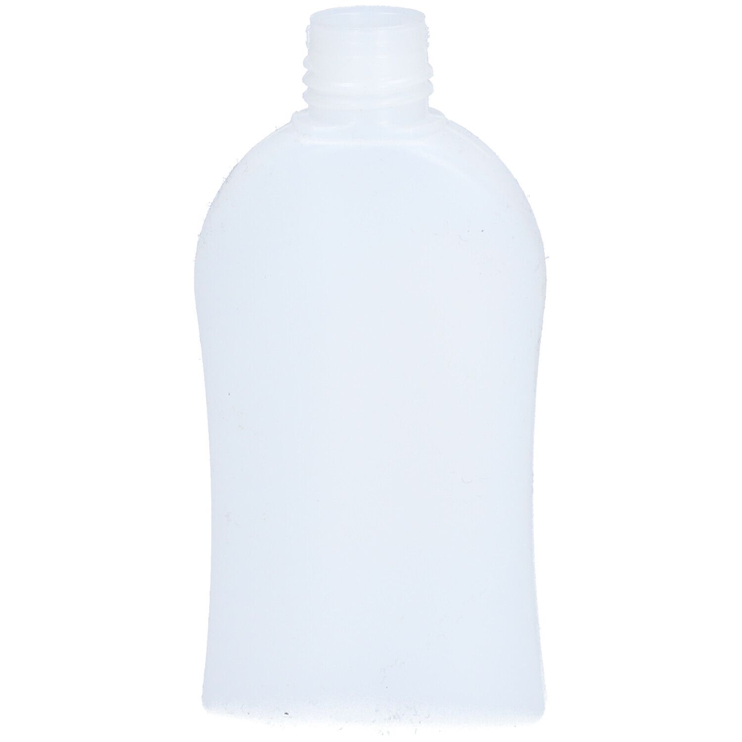 Leere, weiße Flasche mit Schraubhals. Tropfenförmiger Körper, abgerundete Schultern. Aus Kunststoff.