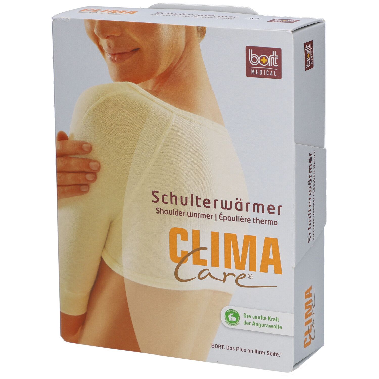 Verpackung mit CLIMACare® Schulterwärmer. Produktabbildung: Schulterwärmer, beige. Marke: BORT MEDICAL.