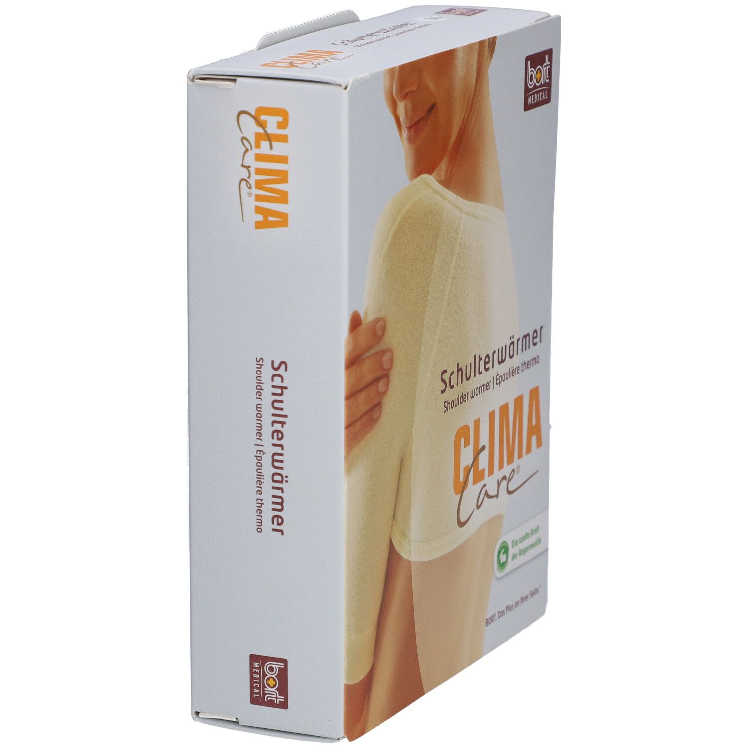 Verpackung, CLIMACare® Schulterwärmer. Produktabbildung: Schulterwärmer, beige. Marke: BORT MEDICAL.
