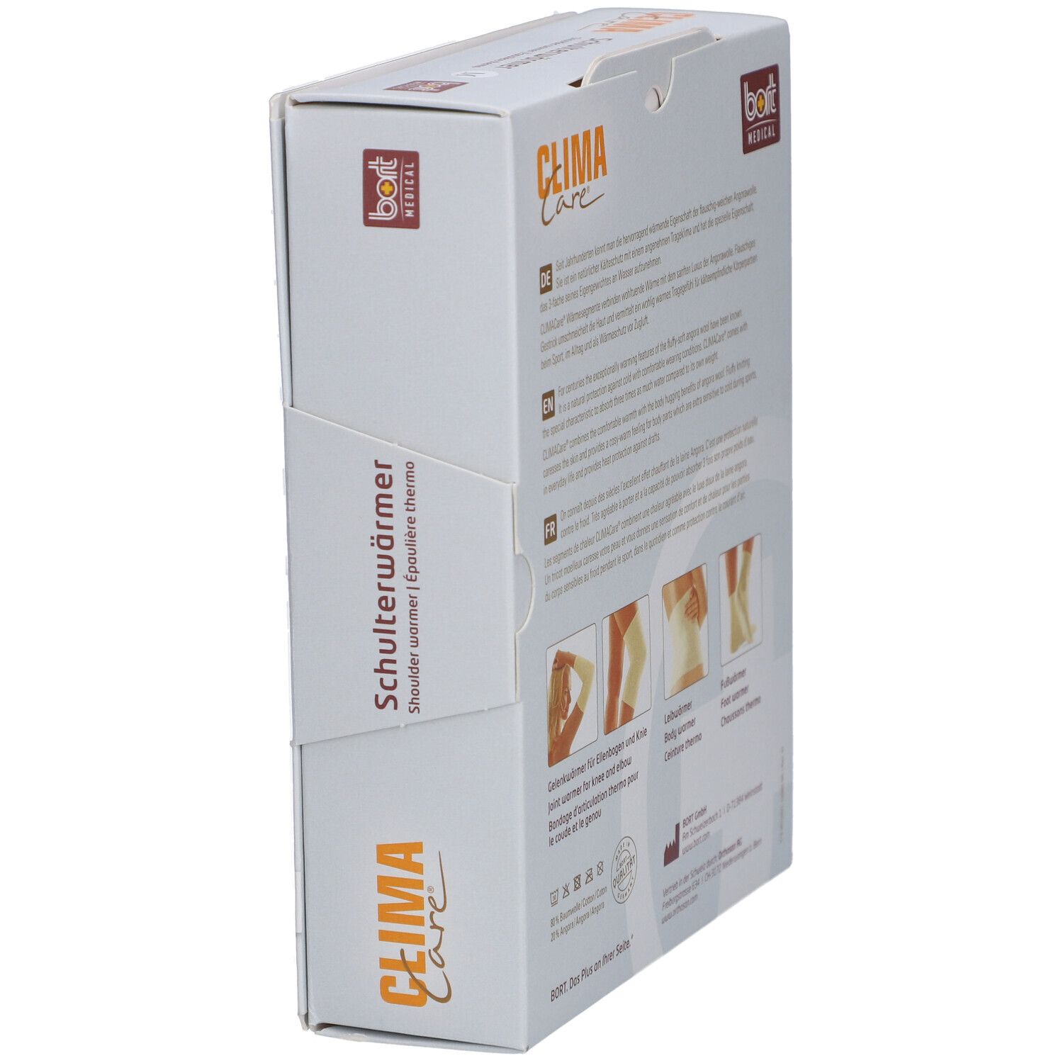 Verpackung, CLIMACare® Schulterwärmer. Produktabbildung: Schulterwärmer, beige. Marke: BORT MEDICAL.