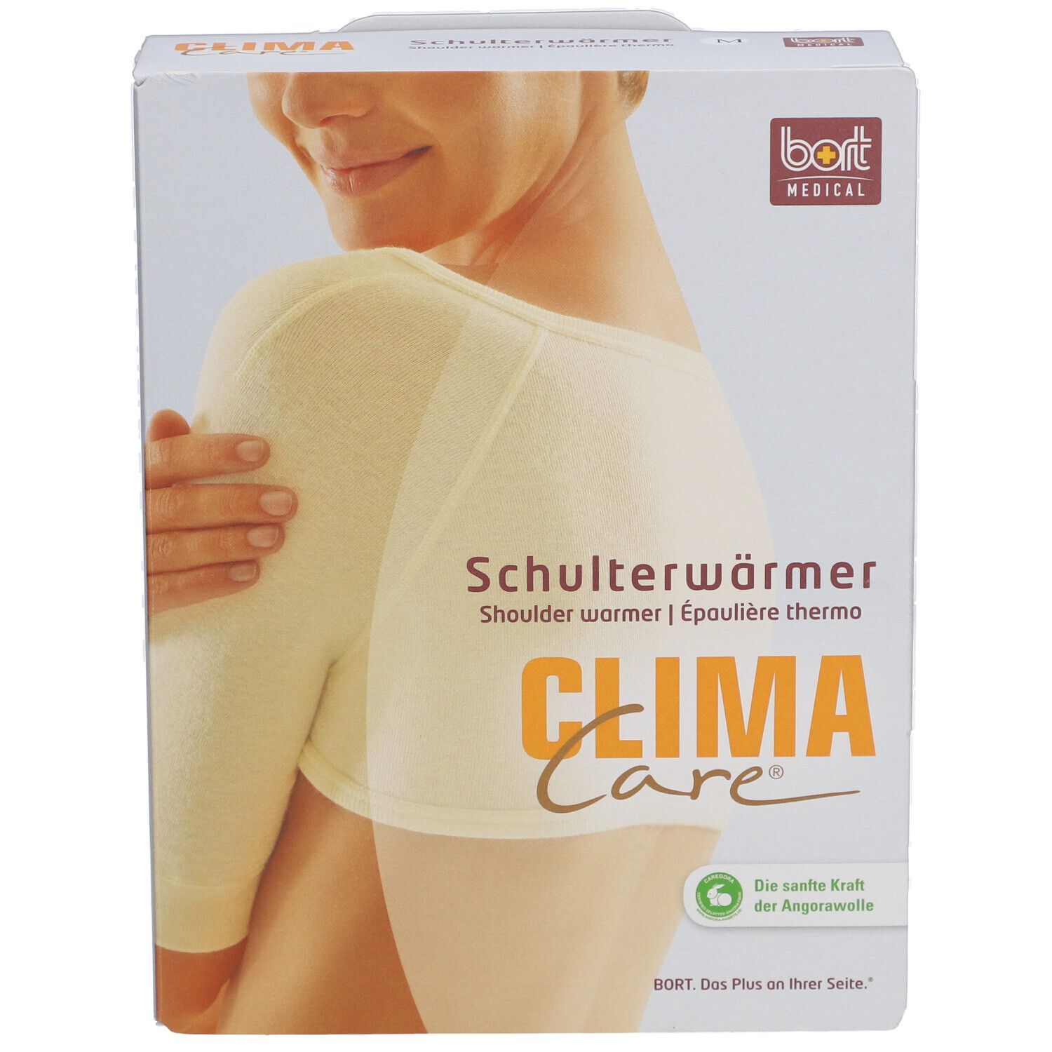 Verpackung mit CLIMACare® Schulterwärmer. Produktabbildung: Schulterwärmer, beige. Marke: BORT MEDICAL.