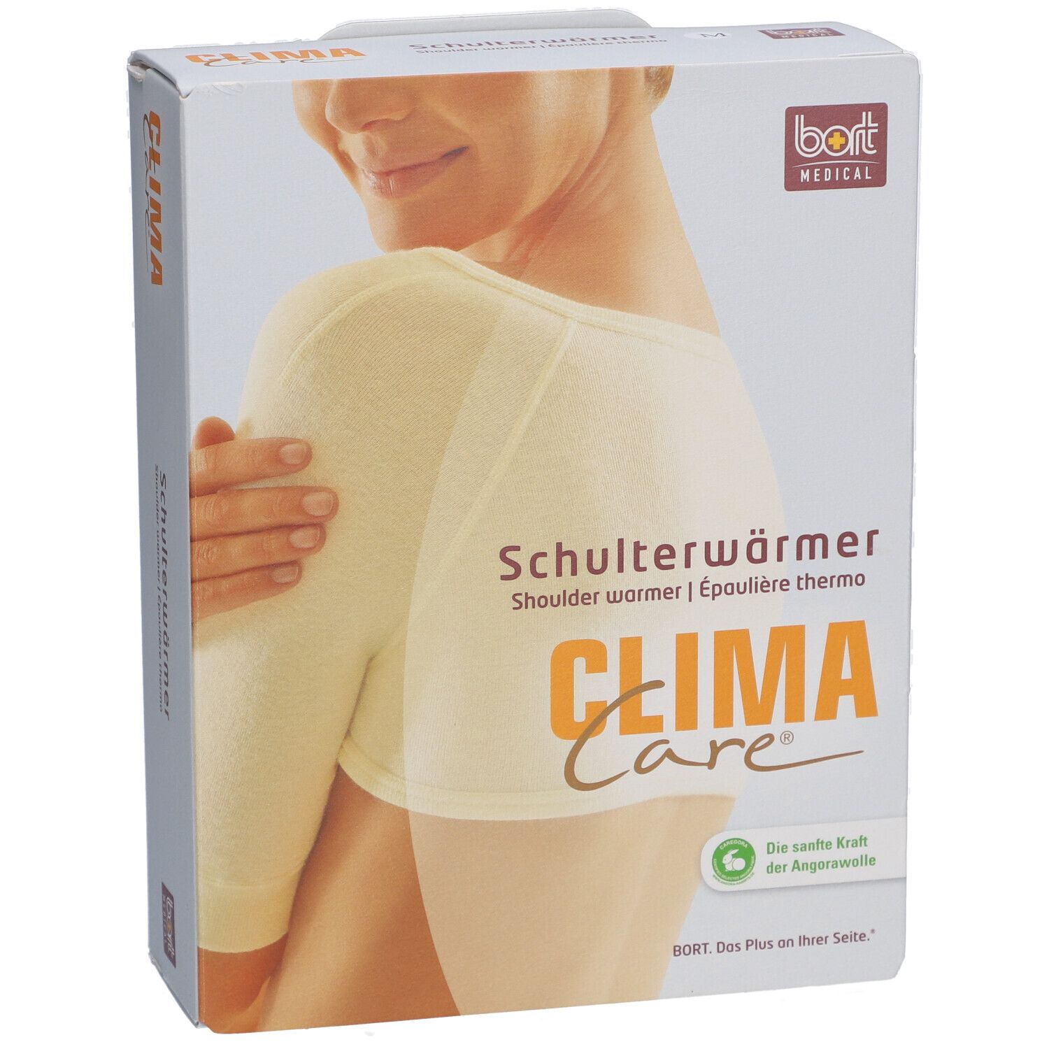 Verpackung mit CLIMACare® Schulterwärmer. Produktabbildung: Schulterwärmer, beige. Marke: BORT MEDICAL.
