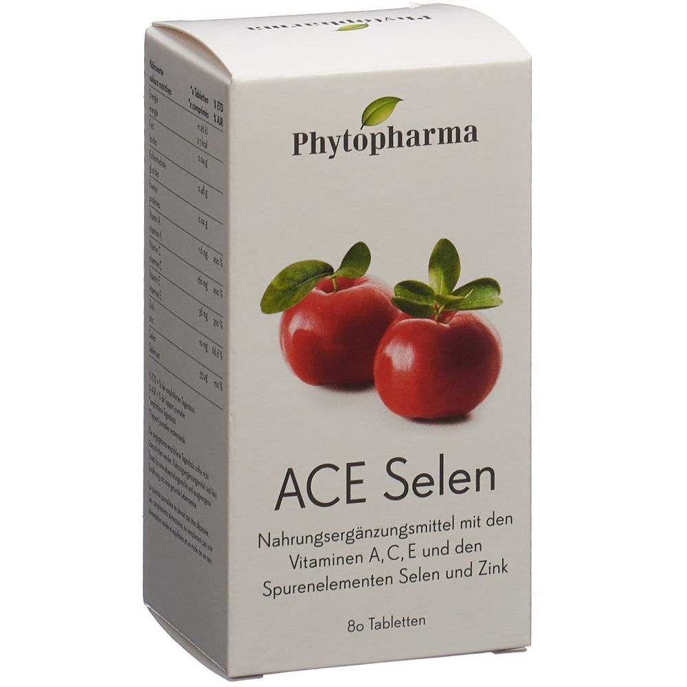 Boîte blanche avec logo "Phytopharma", pommes et "ACE Selen". Contient 80 comprimés. Label végan.
