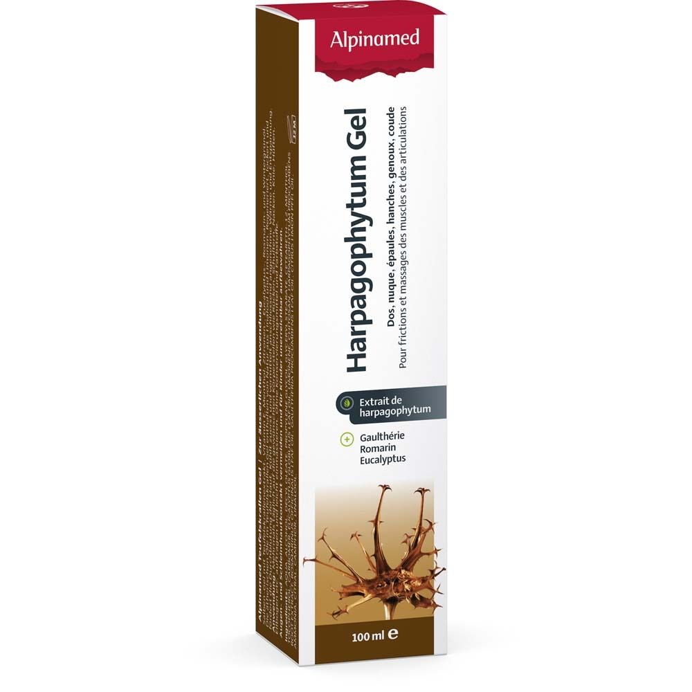 Alpinamed Harpagophytum Gel. Emballage. Inscription: Dos, nuque, épaules, hanches, genoux, coudes. 100 ml.