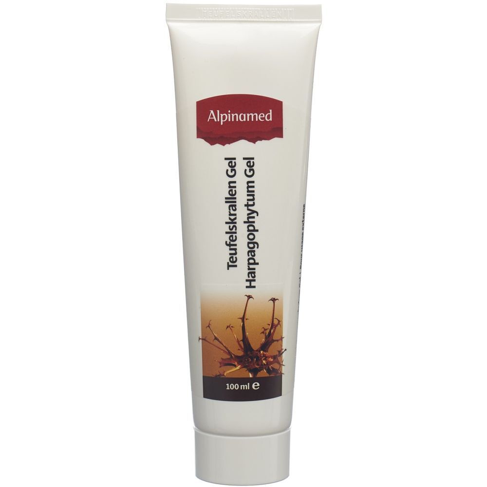 Alpinamed Teufelskrallen Gel. Tube. Inscription: Harpagophytum Gel. 100 ml. Illustration de la griffe du diable.