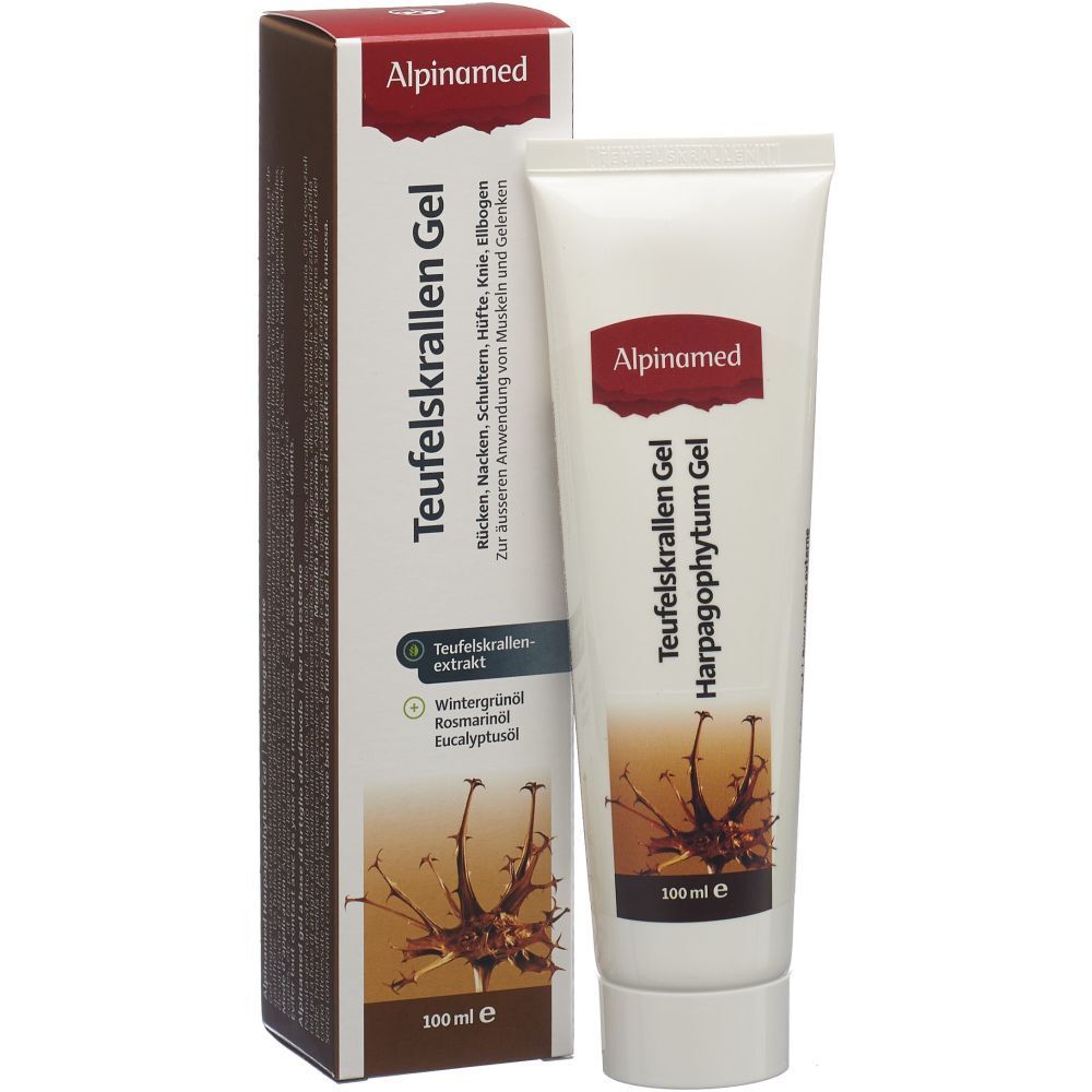 Alpinamed Teufelskrallen Gel. Tube et emballage. Inscription: Harpagophytum Gel. 100 ml. Extrait de griffe du diable.