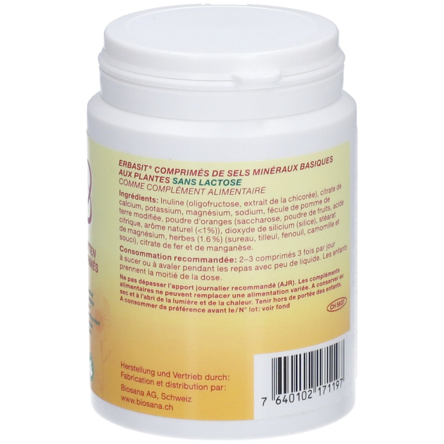 Dos du flacon de comprimés. Texte: ERBASIT, avec plantes, sans lactose. Ingrédients et recommandation de consommation.