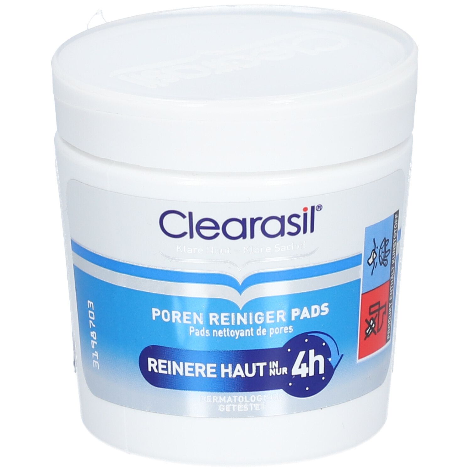 Weiße Dose mit CLEARASIL® Porenreiniger Pads. Blaue und weiße Beschriftung. Text: Reinere Haut in 4h.