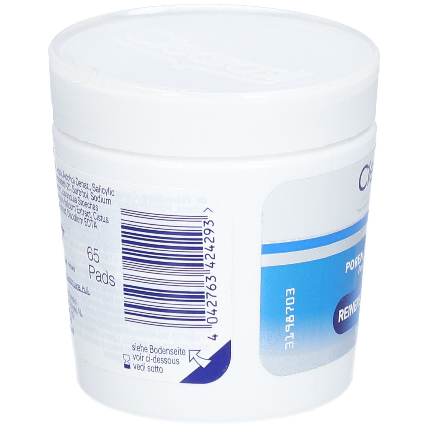 Weiße Dose mit CLEARASIL® Porenreiniger Pads. Rückseite mit Inhaltsstoffen und Barcode. 65 Pads.