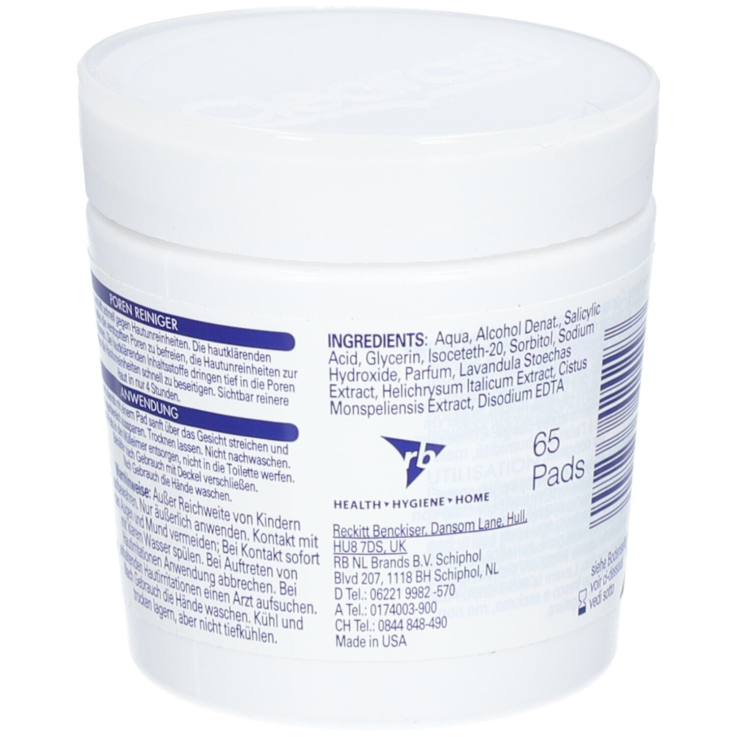 Weiße Dose mit CLEARASIL® Porenreiniger Pads. Rückseite mit Inhaltsstoffen und Herstellerinformationen. 65 Pads.
