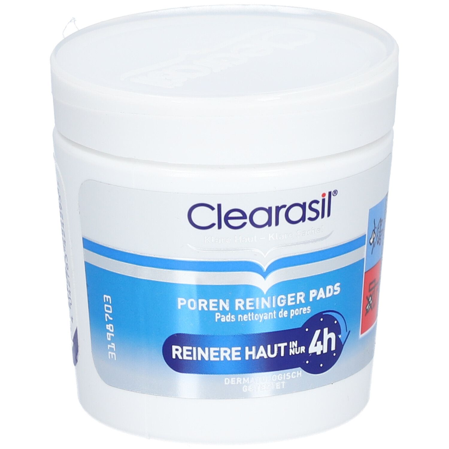 Weiße Dose mit CLEARASIL® Porenreiniger Pads. Blaue und weiße Beschriftung. Text: Reinere Haut in 4h.