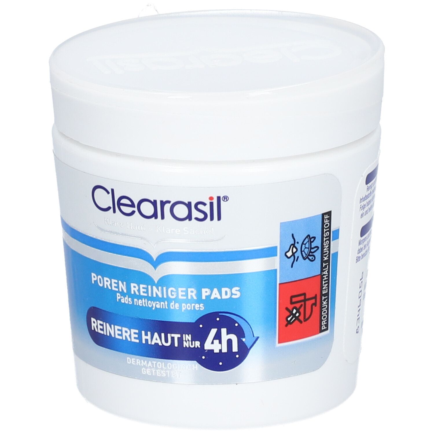 Weiße Dose mit CLEARASIL® Porenreiniger Pads. Blaue und weiße Beschriftung. Text: Reinere Haut in 4h. Piktogramme.
