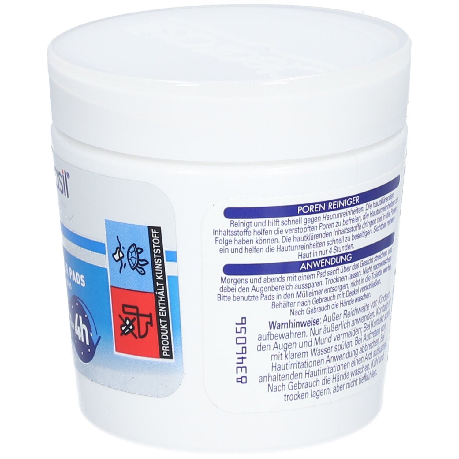 Weiße Dose mit CLEARASIL® Porenreiniger Pads. Rückseite mit Anwendungshinweisen und Warnhinweisen. Piktogramme.