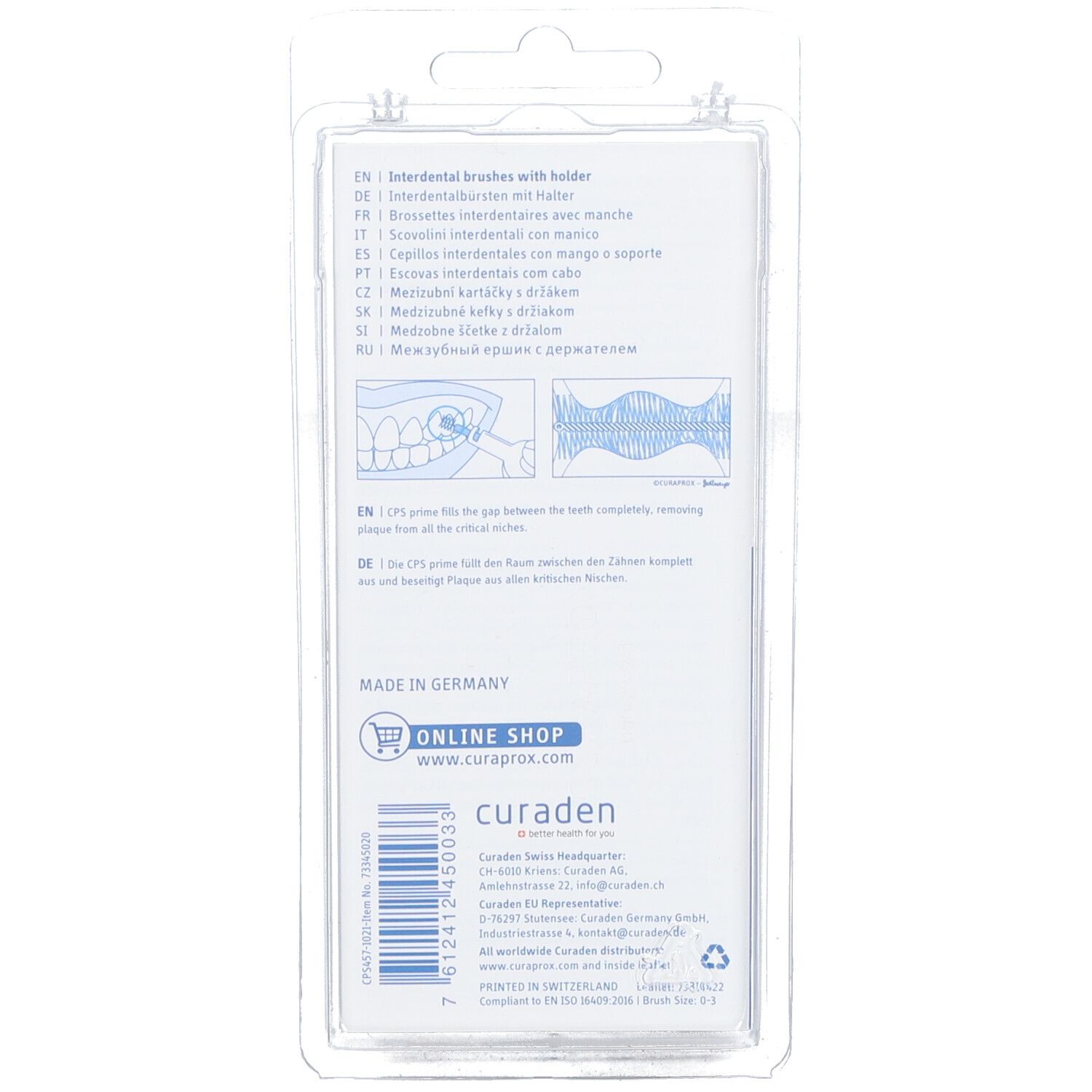 Rückseite der Blisterverpackung. Text in mehreren Sprachen. "MADE IN GERMANY" und Logo. Website-Adresse.