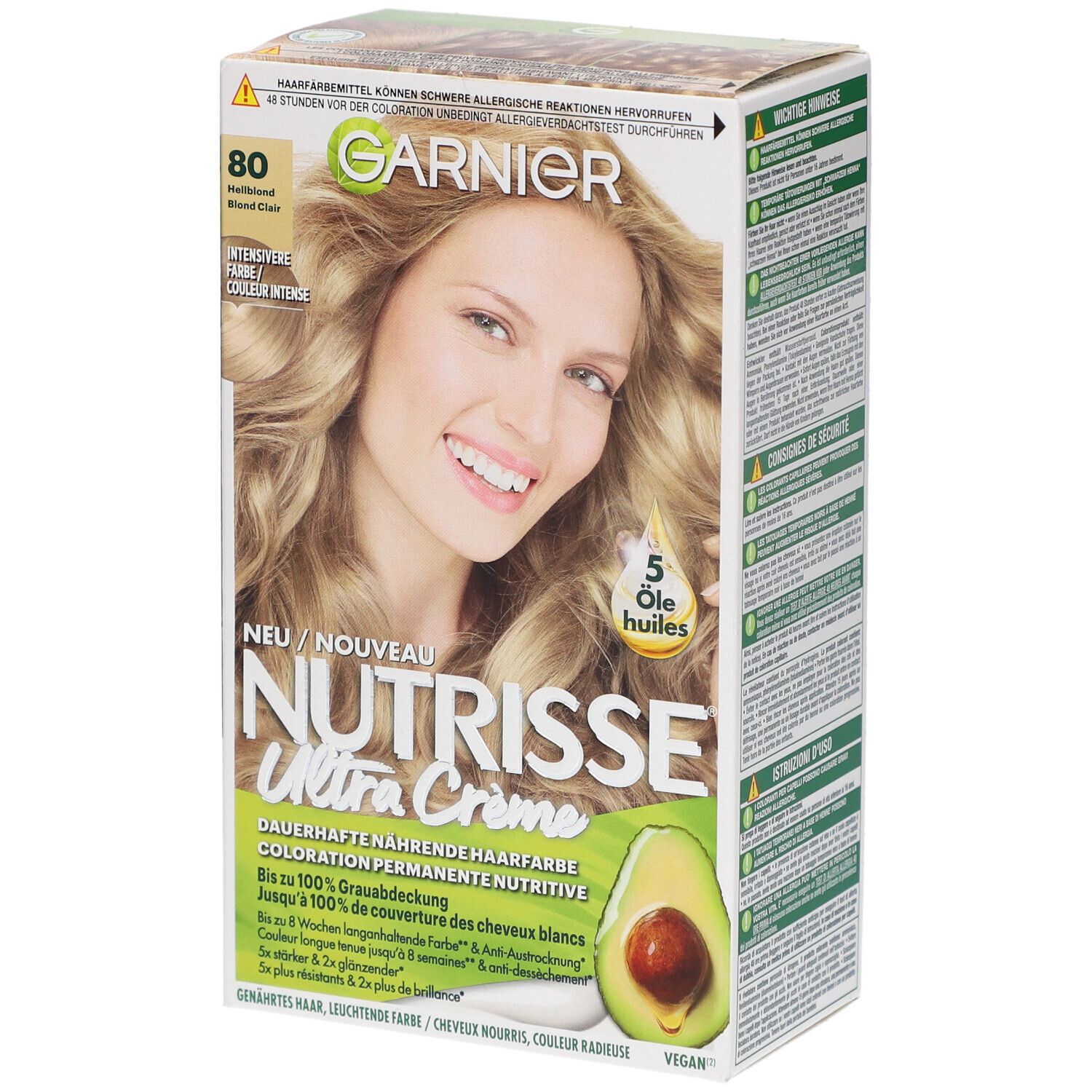 Schachtel Garnier Nutrisse Ultra Crème, Farbton 80 Hellblond. Frau mit blonden Haaren. Avocado-Abbildung.