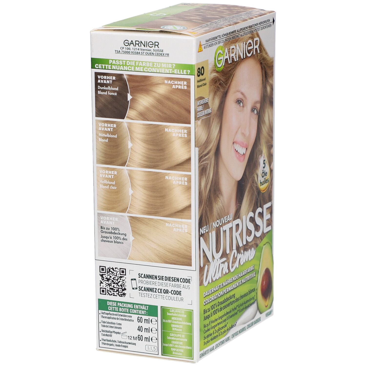 Garnier Nutrisse Ultra Crème-Verpackung, Farbton 80 Hellblond. Farbvergleich Vorher/Nachher. QR-Code.
