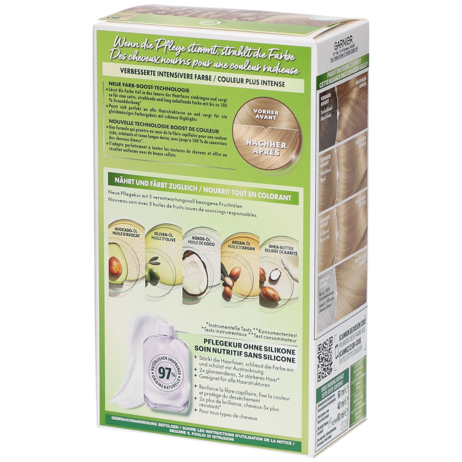 Rückseite der Garnier Nutrisse Ultra Crème-Verpackung. Farbtechnologie, Inhaltsstoffe, Pflege.