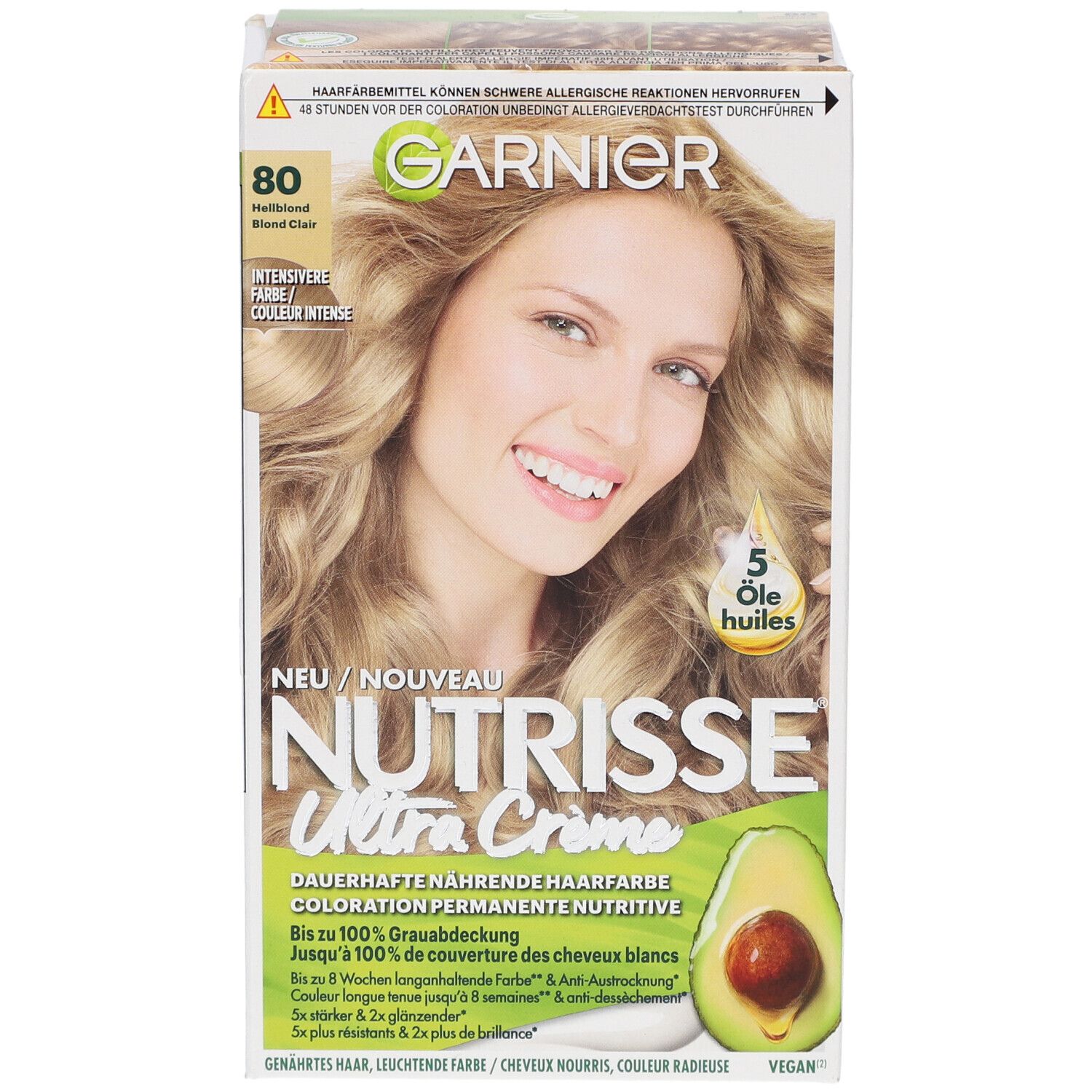 Garnier Nutrisse Ultra Crème, Farbton 80 Hellblond. Frau mit blonden Haaren. Avocado-Abbildung.